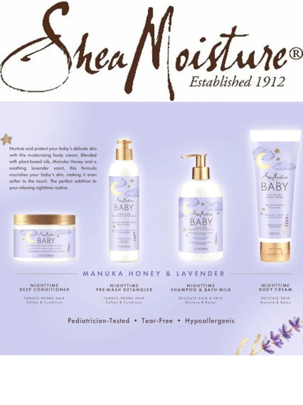 SheaMoisture Baby Nighttime Care Gift Set Lavender & Manuka Honey Hypoallergenic